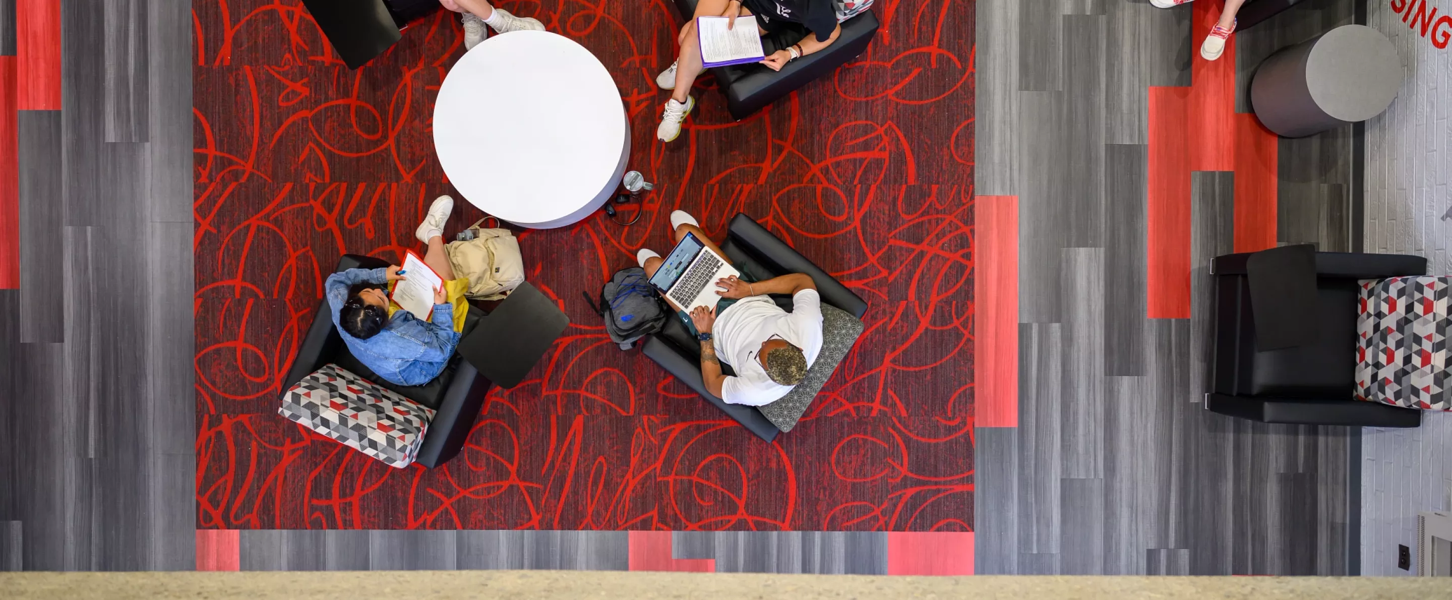 Aerial view of students in the Woodford R. & Harriet Porter Building.